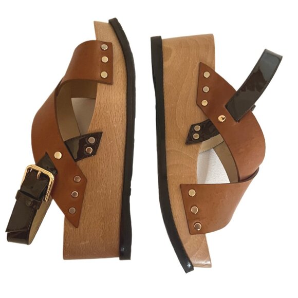 Jimmy Choo 2-Tone Brown Leather, Wood & Patent Leather Wedge Stud Sandals Size 5 main image 5